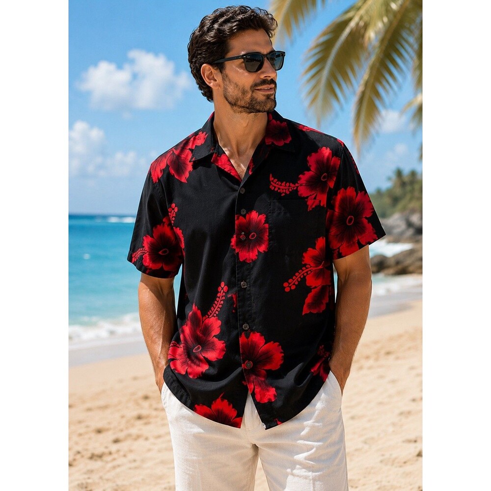 Vintage Hawaiian Shirt Large Men's Floral Aloha Hut 100% Rayon 1990's Buttery